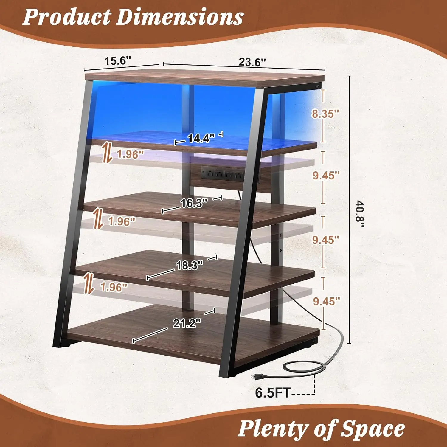 Corner Shelf Audio Tower With Power Strip LED Lights Five Tier Black Walnut