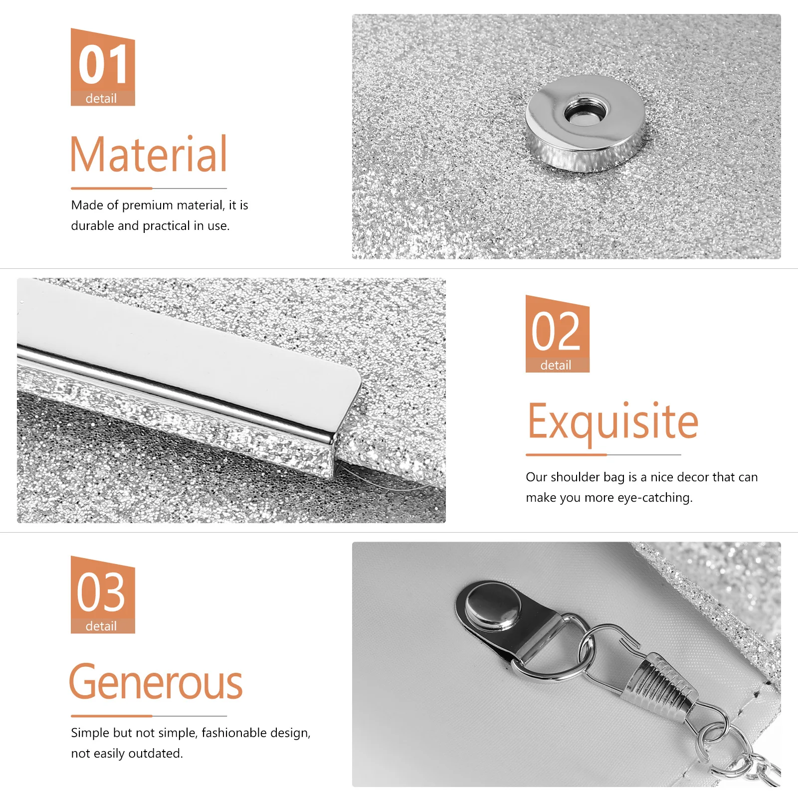 

Glitter Evening Handbag Chain Clutch Bag Medium Size Silver Durable Women Wedding Party Family Reunion Prom Banquet Cocktail