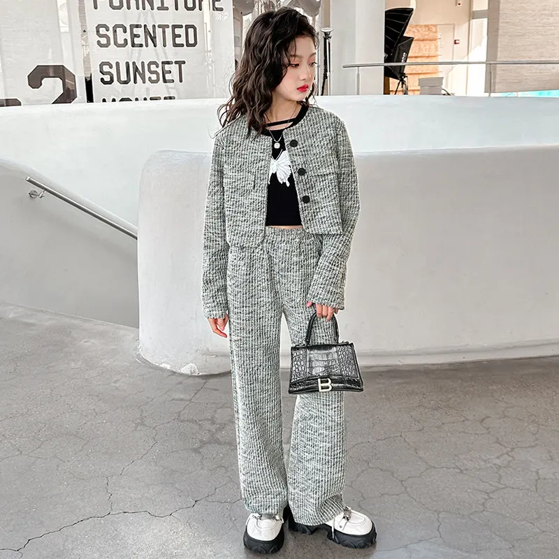 teen girls Clothing Set Single-Breasted Jacket+t-shirt+Wide Leg Pants 2pcs Kids clothes suit child outfit ensembles fille enfant