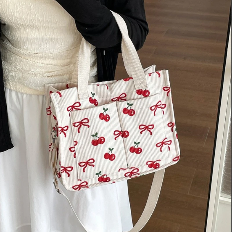Casual Large Capacity Tote Bag Multi-Pocket Adjustable Strap Crossbody Bag Cherry Print Waterproof Shopping Bag 2026 New Gift