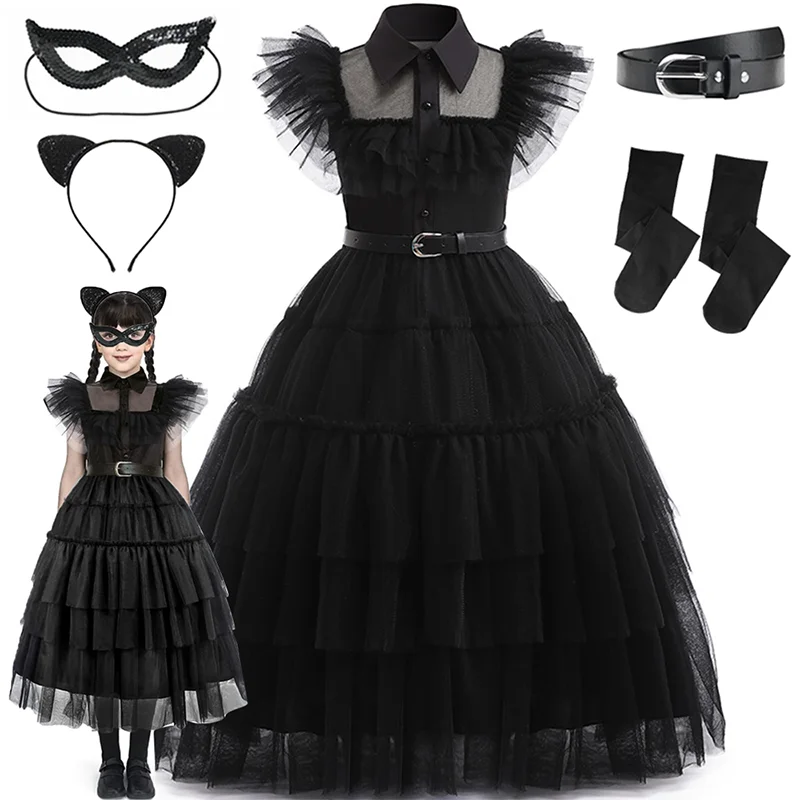 

Girls Wednesday Cosplay Costume Black Fluffy Layered Princess Mesh Dress For Kids Banquet Halloween Carnival Birthday Party Gown