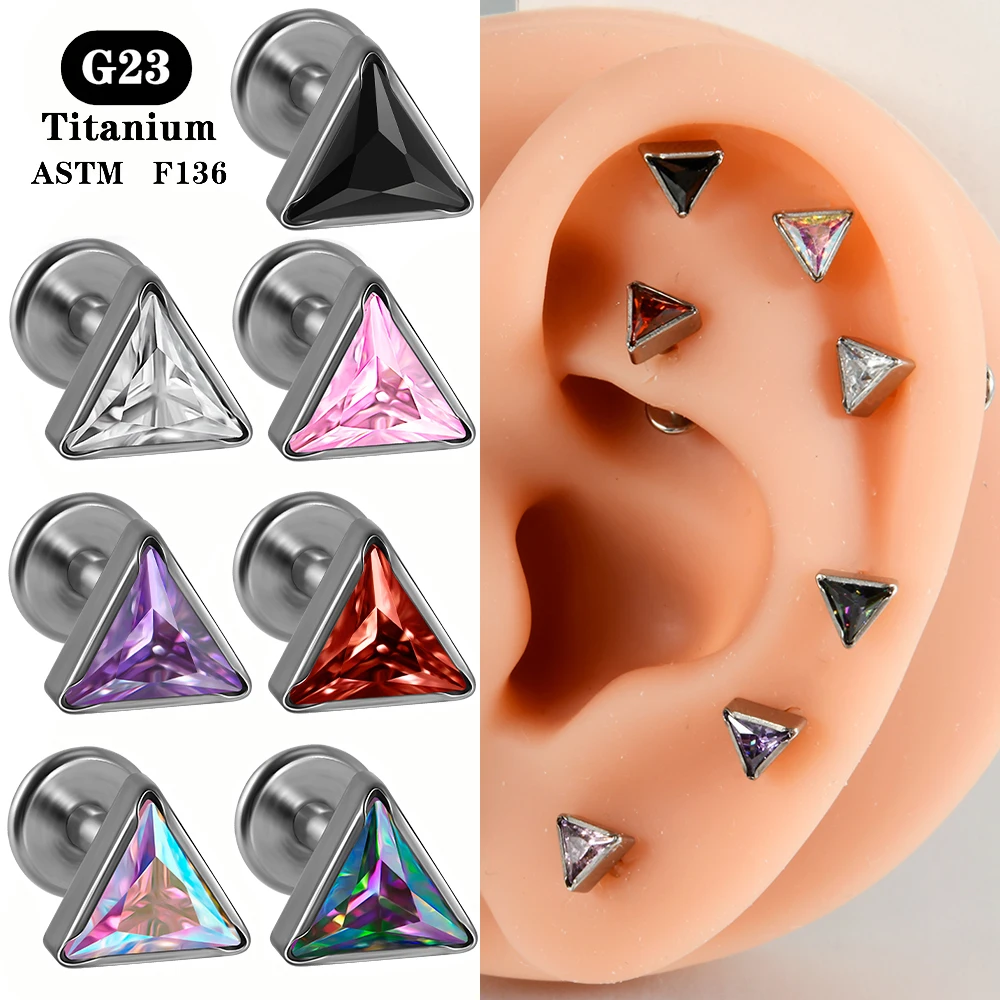 1PC ASTM F136 Titanium Thick Trangle CZ Labret Ear Lobe Helix Tragus Cartilage Studs Lip Piercing Jewelry 1.2x8mm