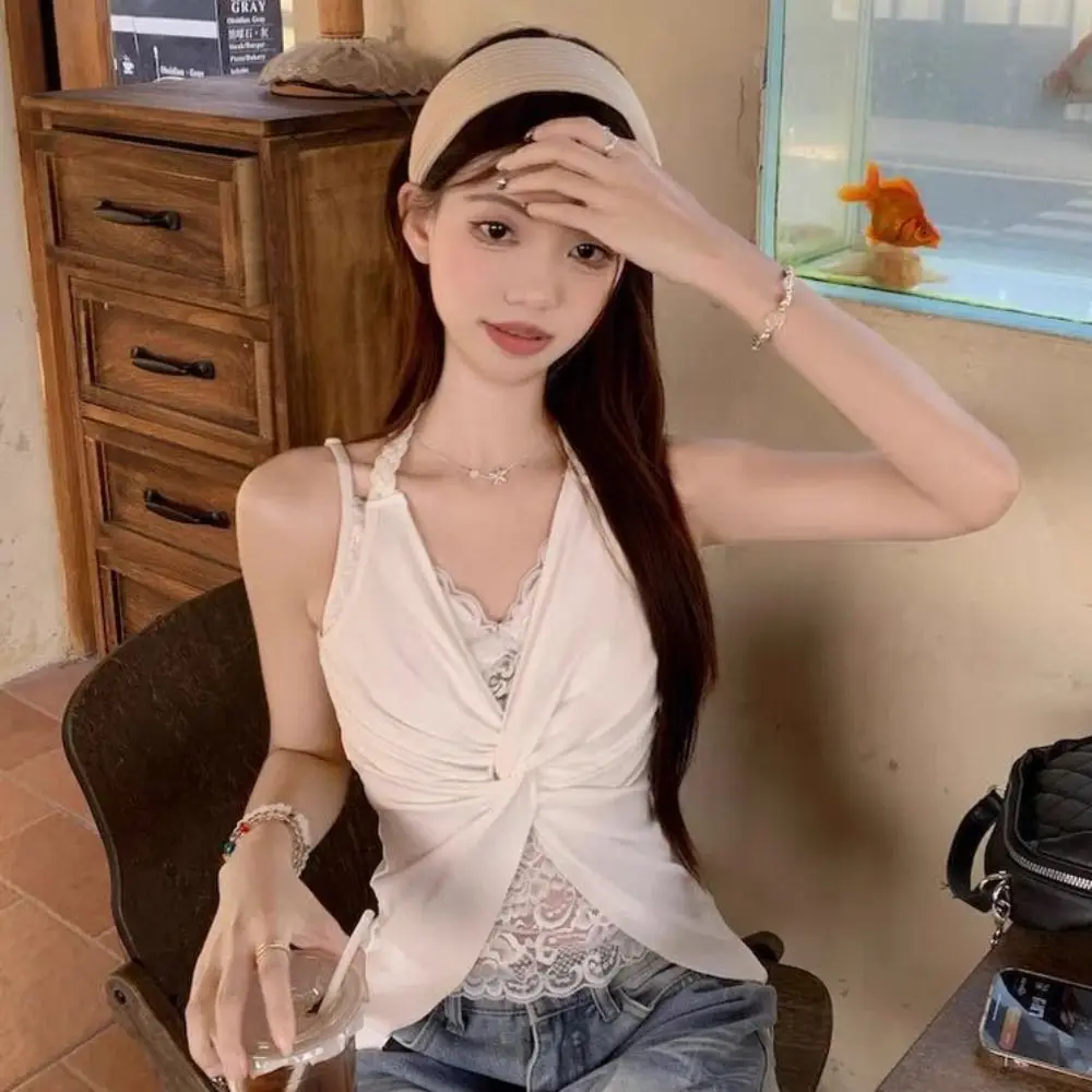 

V Neck Lace Patchwork Vest Sleeveless Twist Design Halter Tank Top Solid Color Summer Fabric Backless Tank Top Women's Fashion