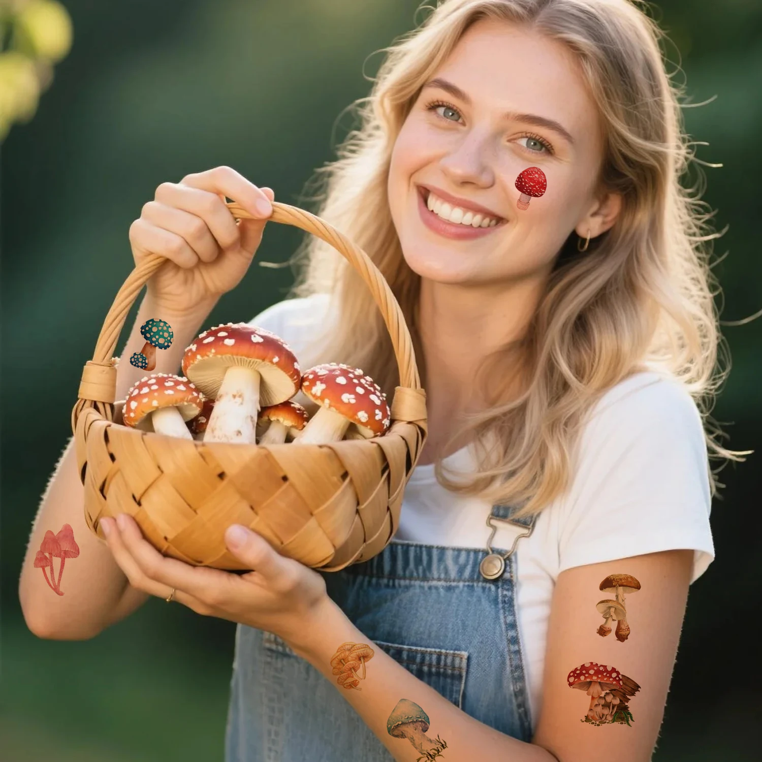 รอยสักชั่วคราวเห็ด -10 แผ่นแมลงและผีเสื้อเห็ดสีแดงธีมป่าสติกเกอร์รอยสักชั่วคราว