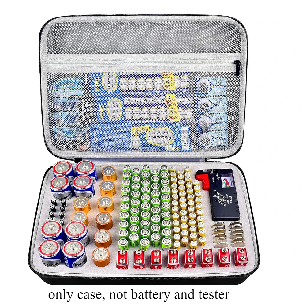 Battery Storage Organizer Box , Variety Case Holds 140+ AA, AAA, C, D, 9V, Lithium 3V Button Batteries Bag- Not Batteries