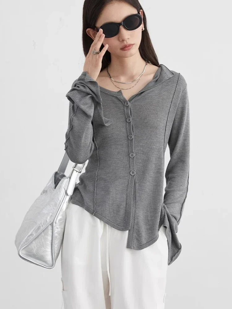 CHIC VEN Women\'s Cardigan Solid Loose New Tencel Asymmetrical Woman Sweater Slim Fit Jumpers Female Top Autumn Spring 2024