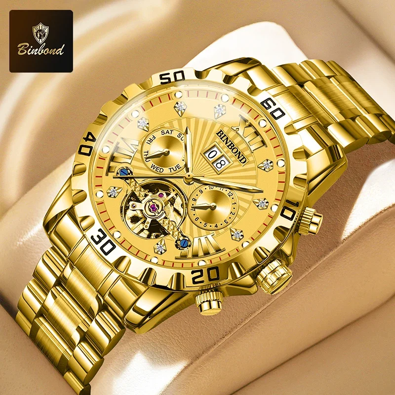 

BINBOND Fashion Tourbillon Automatic Watch for Men Luxury Skeleton Men Mechanical Wristwatch Stainless Steel Top Original Watch