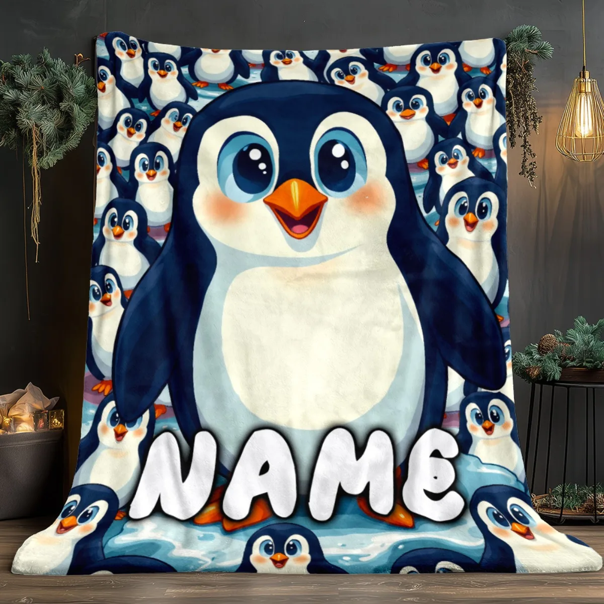 1 piece customized penguin patterned lightweight flannel blanket, suitable for sofas, outdoor camping, living rooms, offices
