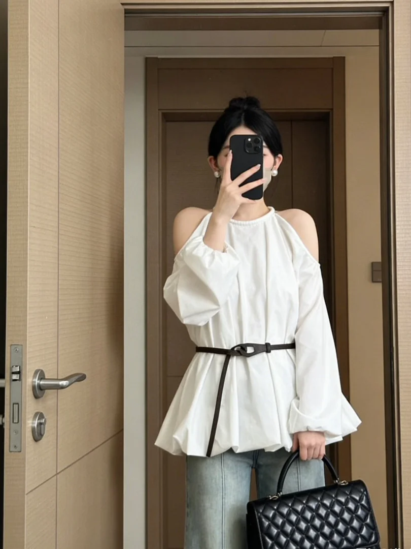

French Sle Long Sve White irt Women's Hanging Ne Design Casual Chic Early Autumn New Arrival Faionable Busin Lady