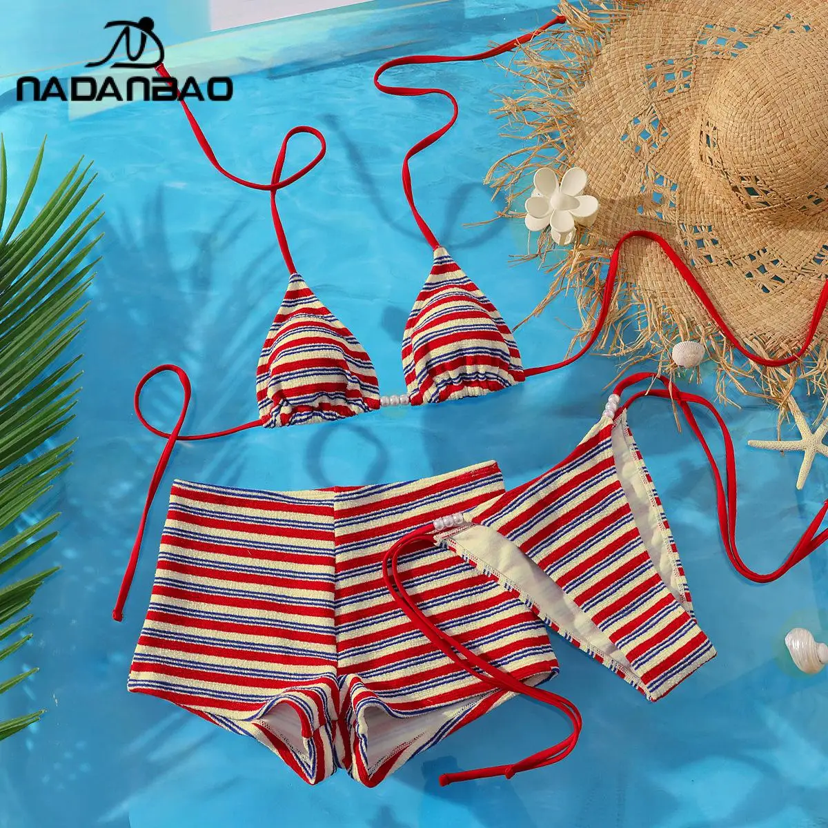 

Nadanbao Red Striped Women's Three-Piece Bikinis Set Summer Halter Swimsuit Soft Elastic Shorts Seaside Holiday Bathing Suit