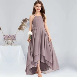 A linha halter assimétrico chiffon júnior vestidos de dama de honra com arco crepúsculo casamento flor menina vestido de comunhão para juniores