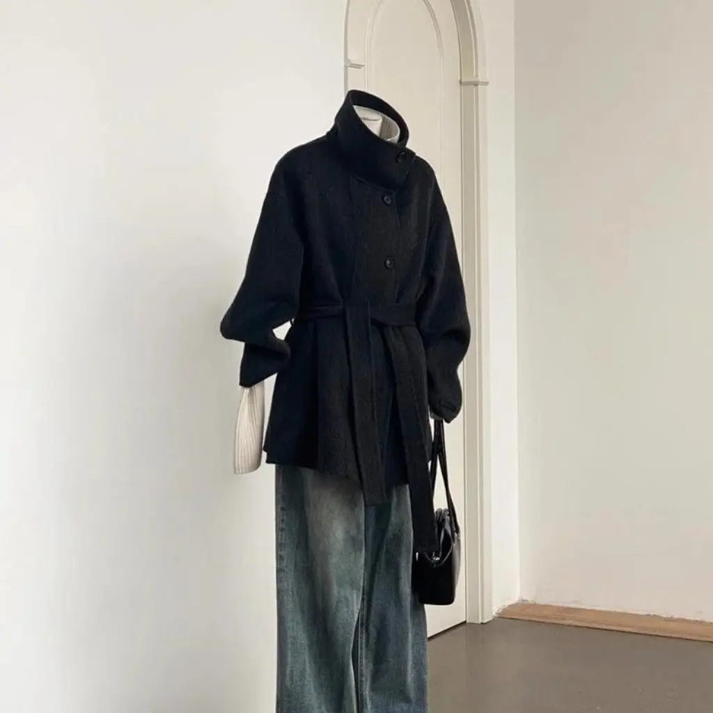 

Женское двустороннее шерстяное пальто, осень-зима, воротник-стойка в стиле Хепберн, свободный облегающий трикотаж на шнуровке, верхняя одежда