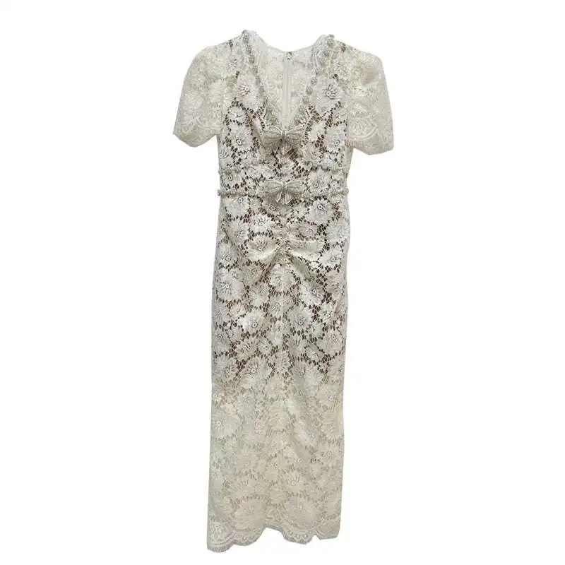 

Luxury Evening Lace Long Dresses Women Summer Holiday Off White Eyelashes Embroidery Crystal Pearl Bow Sheath Pencil Midi Dress