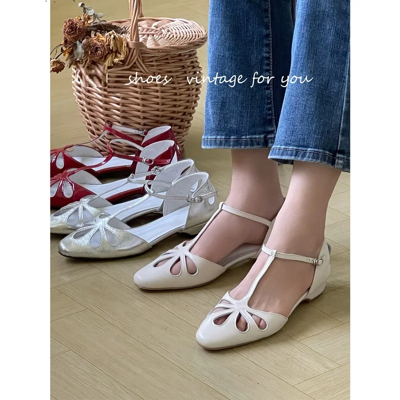 Womens\' Pumps Leather Lady Sandals Female Retro Sandals Buckle Strap Vintage Heel Shoes Summer Gladiator Sandal Roman Style