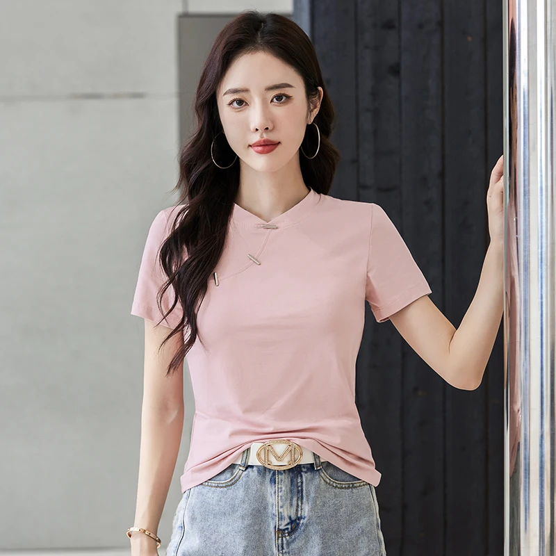 Kaus katun leher O wanita, atasan kasual lengan pendek warna polos kancing depan gaya China