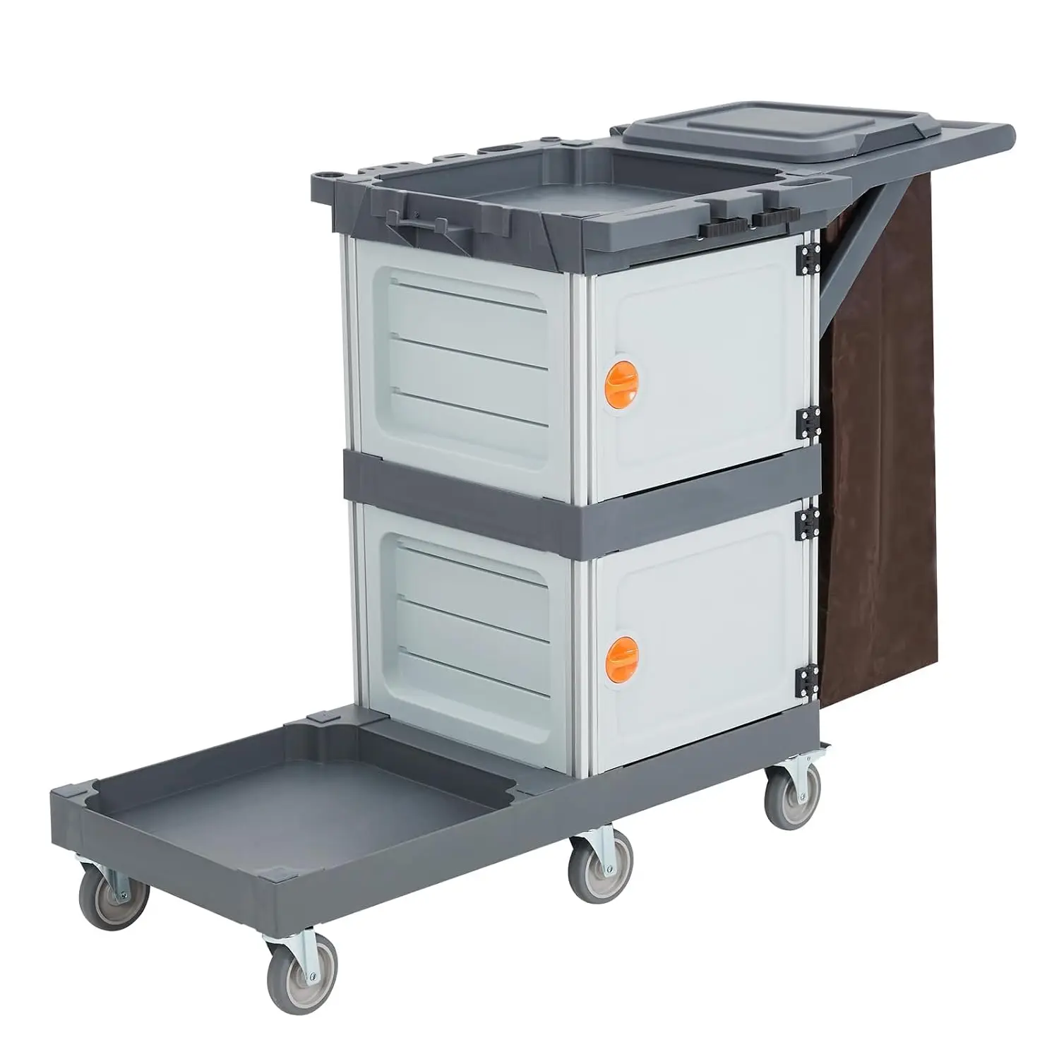 Heavy-Duty Commercial Janitorial Cleaning Cart with Dual Cabinets, 3 Storage Shelves, Vinyl Trash Bag & Smooth-Rolling Wheels