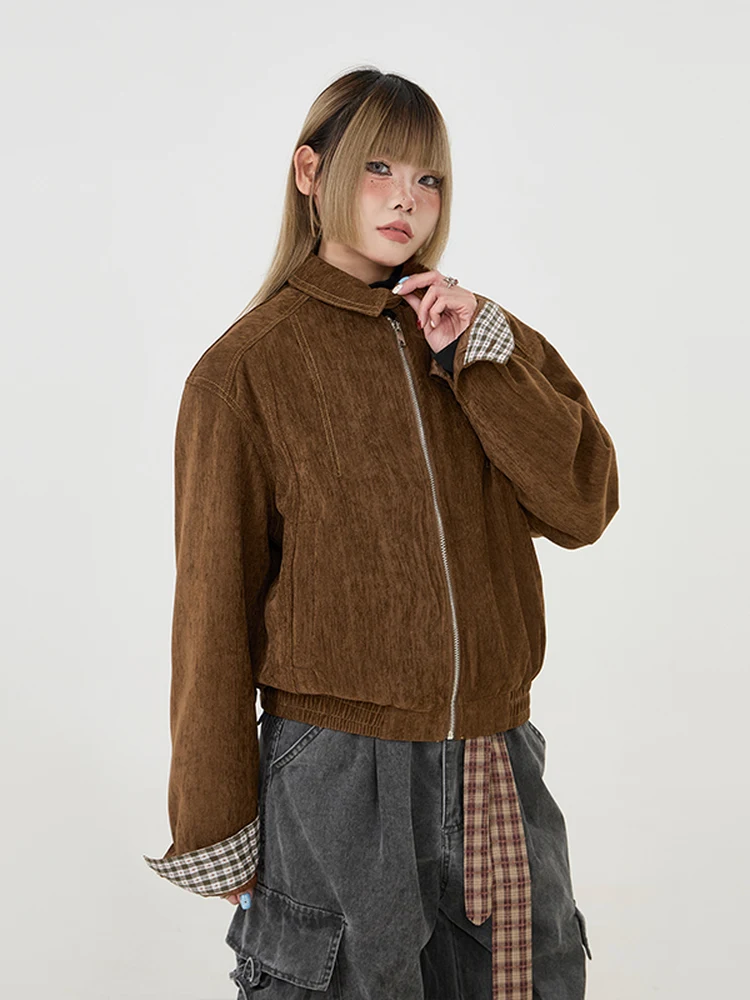 Retro American Brown Faux Suede Harrington Jaet Loose Casual Outerwear for Couples Trendy Polyester Blend Long Sve