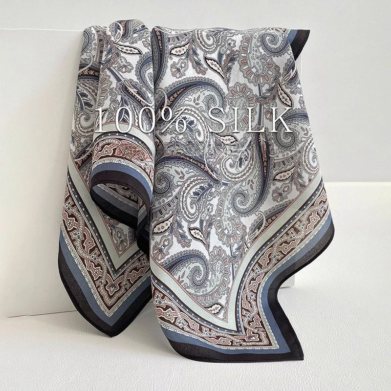 100% Mulberry Silk Crepe de Chine 65cm Women Square Scarf Retro Classic Paisley Print Vintage Elegant Silk Foulard