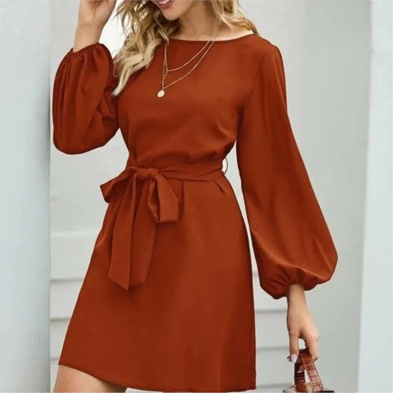 

Women's Mid-length Solid Color Bow Tie Round Neck Pullover High Waist Long Sleeves Slimming Office Commuter Urban Style Dress