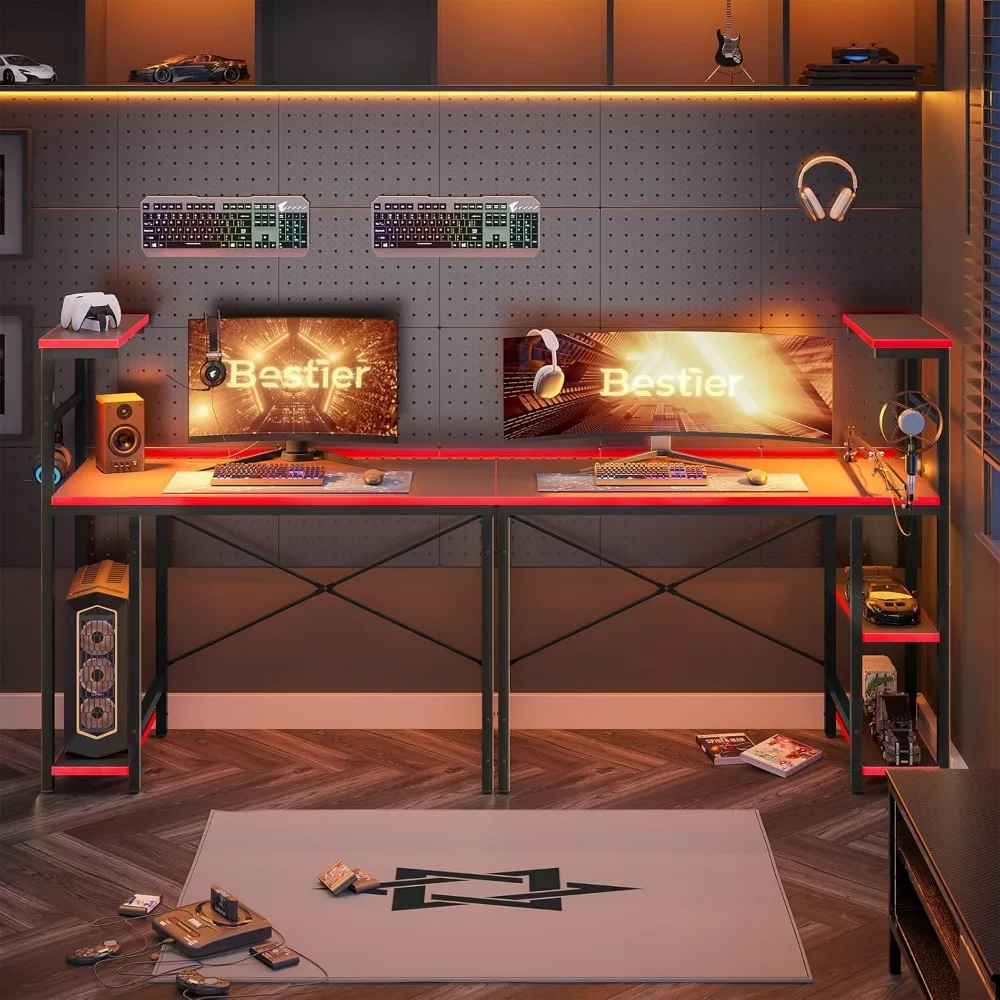 مكتب ألعاب مع أضواء LED، مكتب ألعاب كمبيوتر مقاس 44 بوصة للمساحات الصغيرة، مكتب كمبيوتر مع أرفف تخزين قابلة للعكس