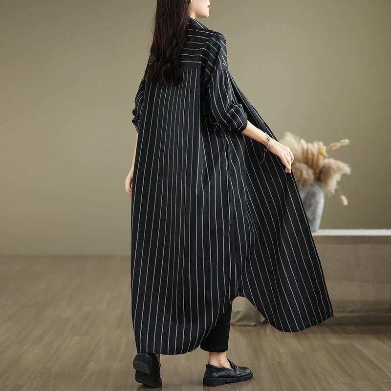 

Loose Fit Cotton Linen irt Dr Korean Sle Artistic Casual Striped mid Length Women's Autumn Faion Commute Wind Dr