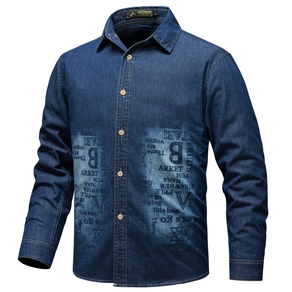 

Classical Retro Jeans Shirts Men Casual Letter Prints Leisure Loose Baggy Full Sleeve Denim Shirt Cotton Streetwear Clothes