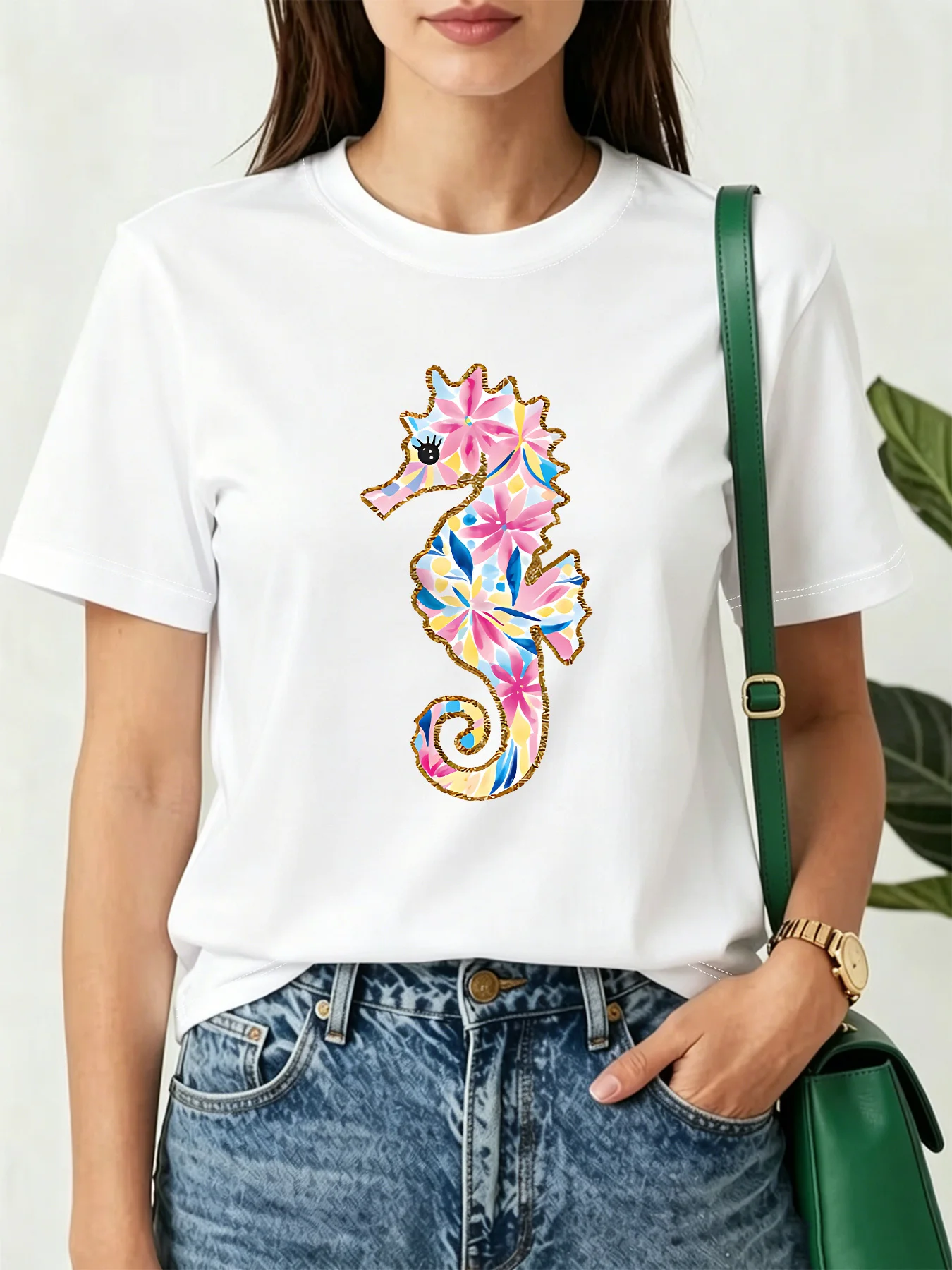 Cute Floral Pattern Seahorse Glitter Border Ocean Art Print Graphic Womens T Shirt Short Sleeve Crew Neck Casual Ladies Tee Tops