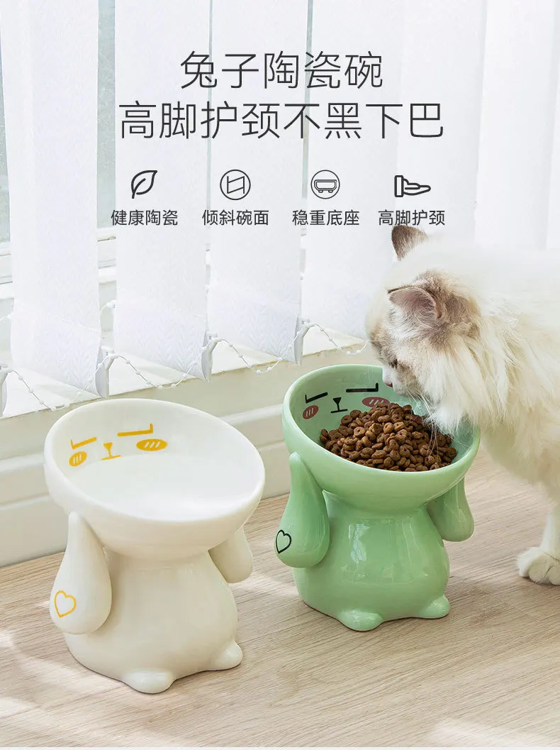 Cat Bowl Ceramic Cat Food Bowl Cat Rice Bowl Water Bowl Feeding Oblique Mouth Cat Food Bowl High Foot Anti-overturn