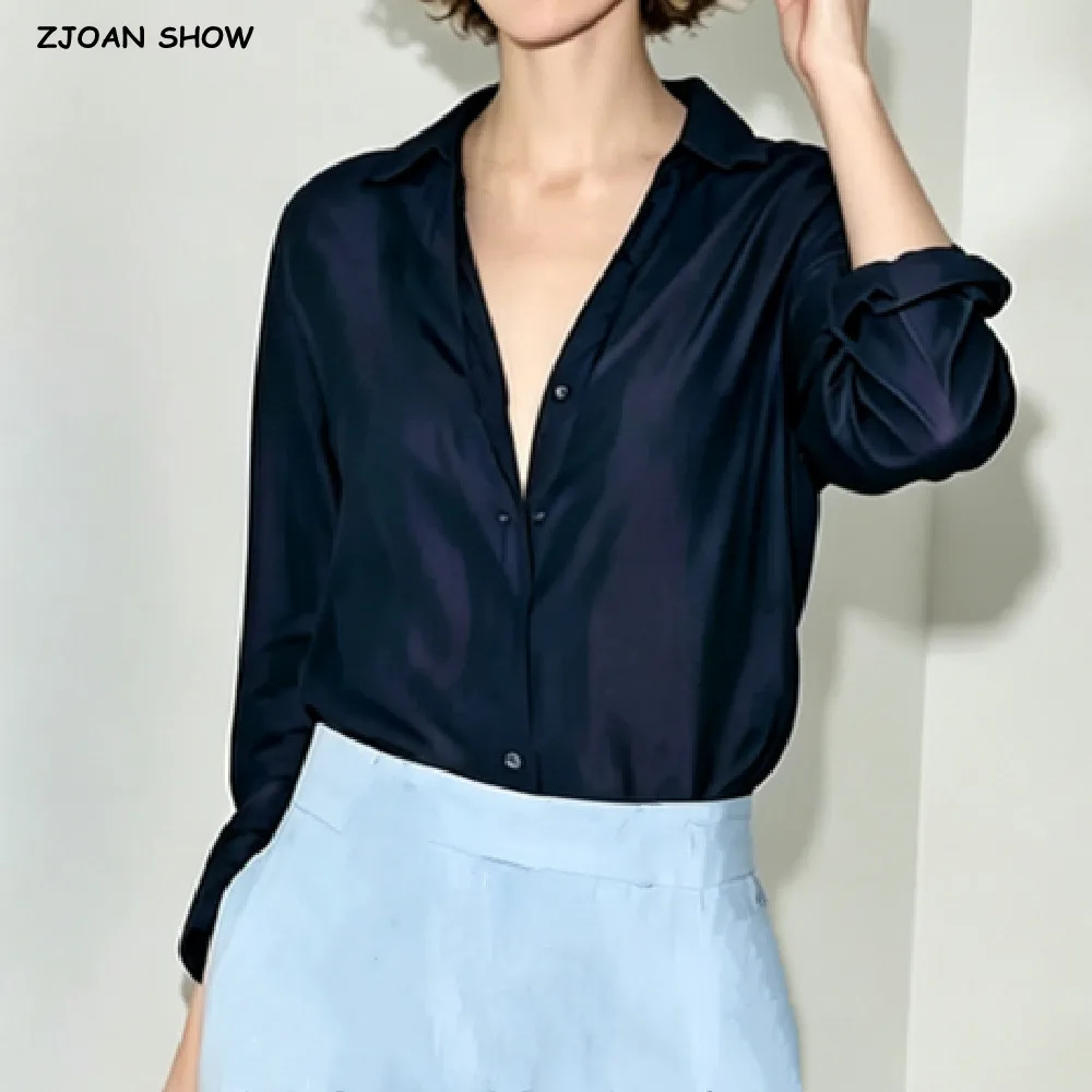 CHIC Autumn Women Lapel Collar Long Sleeve Shirt Single-Breasted Buttons Loose Blouses Casual Tops Navy Apricot