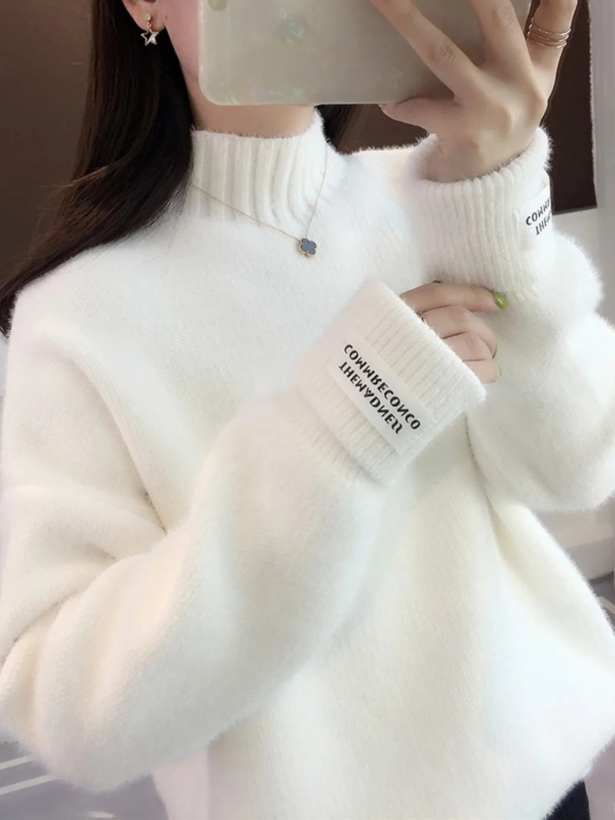 Thickened Knitted Mink Velvet Sweater Women's Overhead Loose Half High Collar Knitwear Pure Color Commute Sle Winter New Ar...