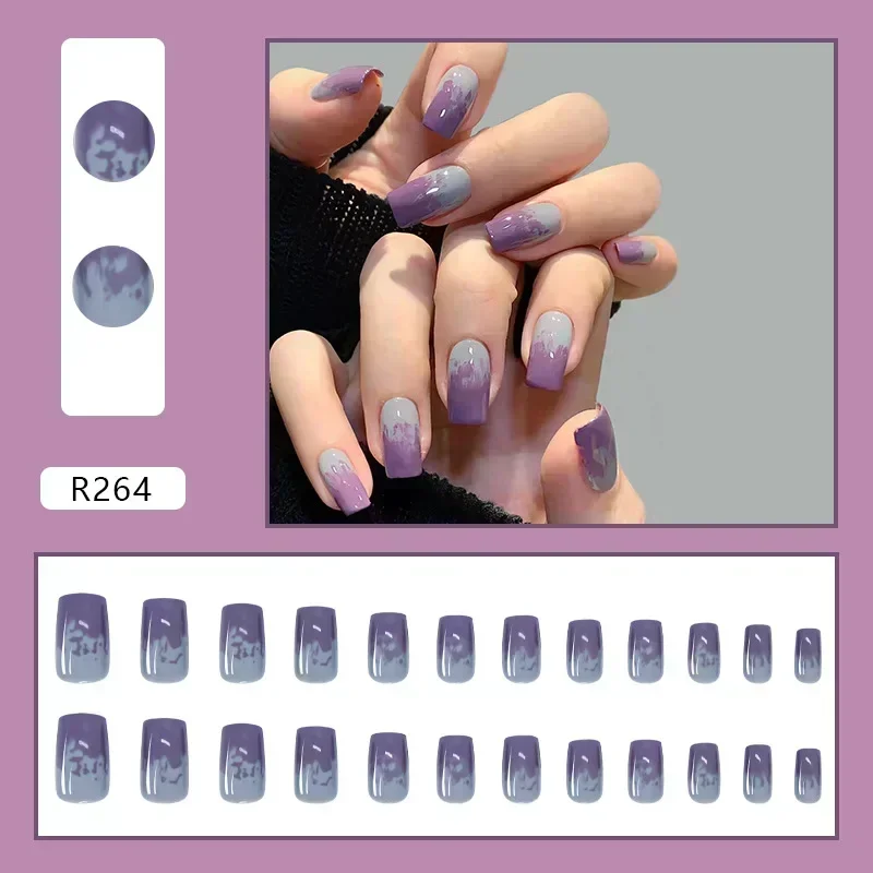 24Pcs/Box Fake Nails Girls Short Wearable  Art Tips Press On  Full Cover Manicure French  With Jelly Glue