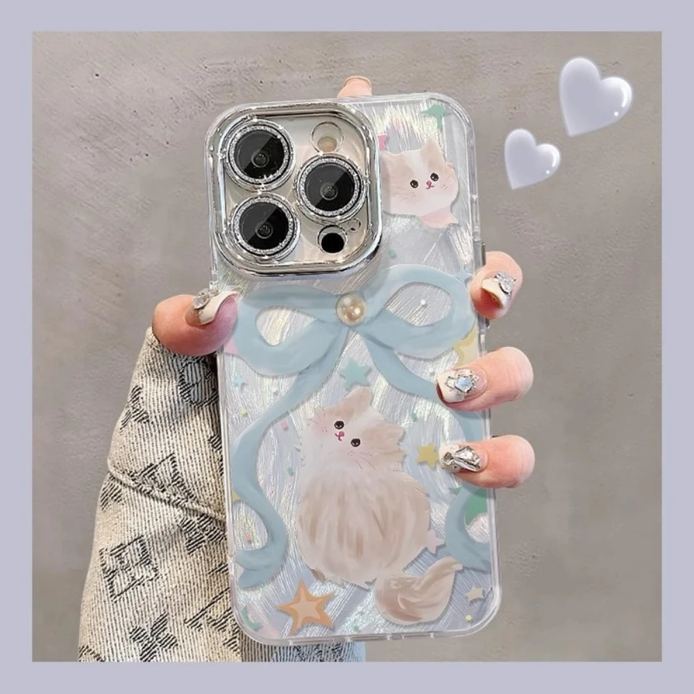 

Чехол для мобильного телефона с бантом и милым котом для VIVO X200Pro X100, роскошный элегантный защитный чехол с защитой от падения и перьев