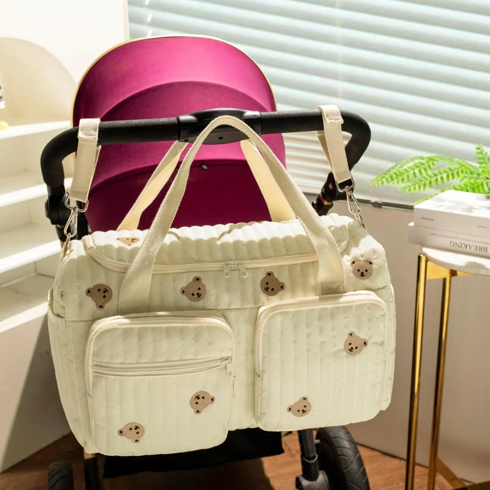 Large Diaper Bag Cartoon Bear Diaper Bag with Compartment Spacious Nappy Pouch for Travel Camping Home Shopping Commuting Work
