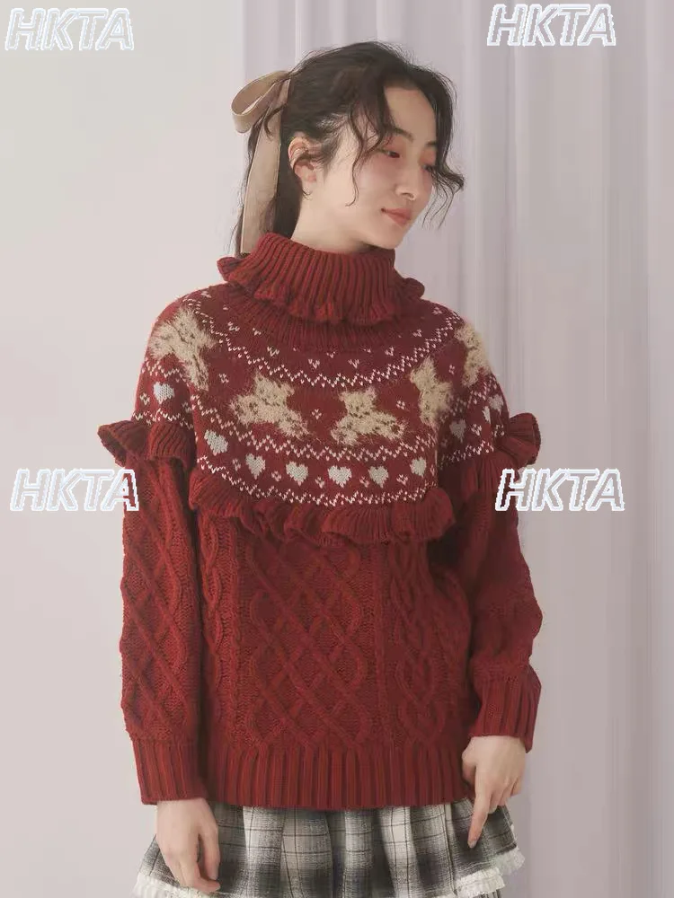 

Sweet Versatile Turtleneck Cute Cartoon Knitted Pullover Top 2025 Winter New Sweet Loose Casual Pleated New Year Sweaters Women