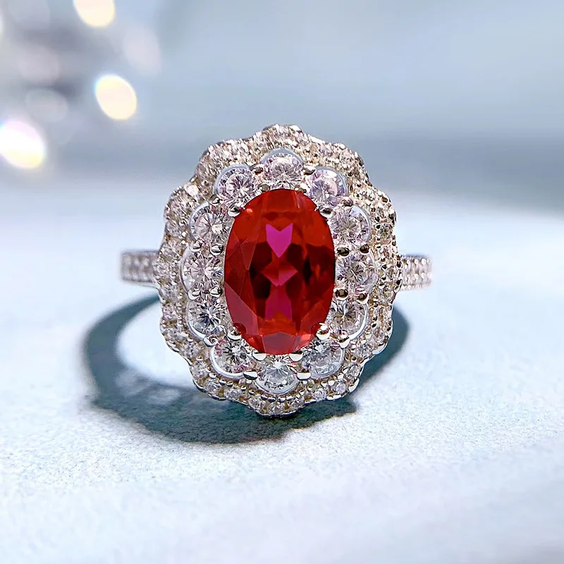 

2023 new 925 silver high carbon diamond ring for women, 6 * 9 simulation pigeon blood red heavy industry gemstone ring