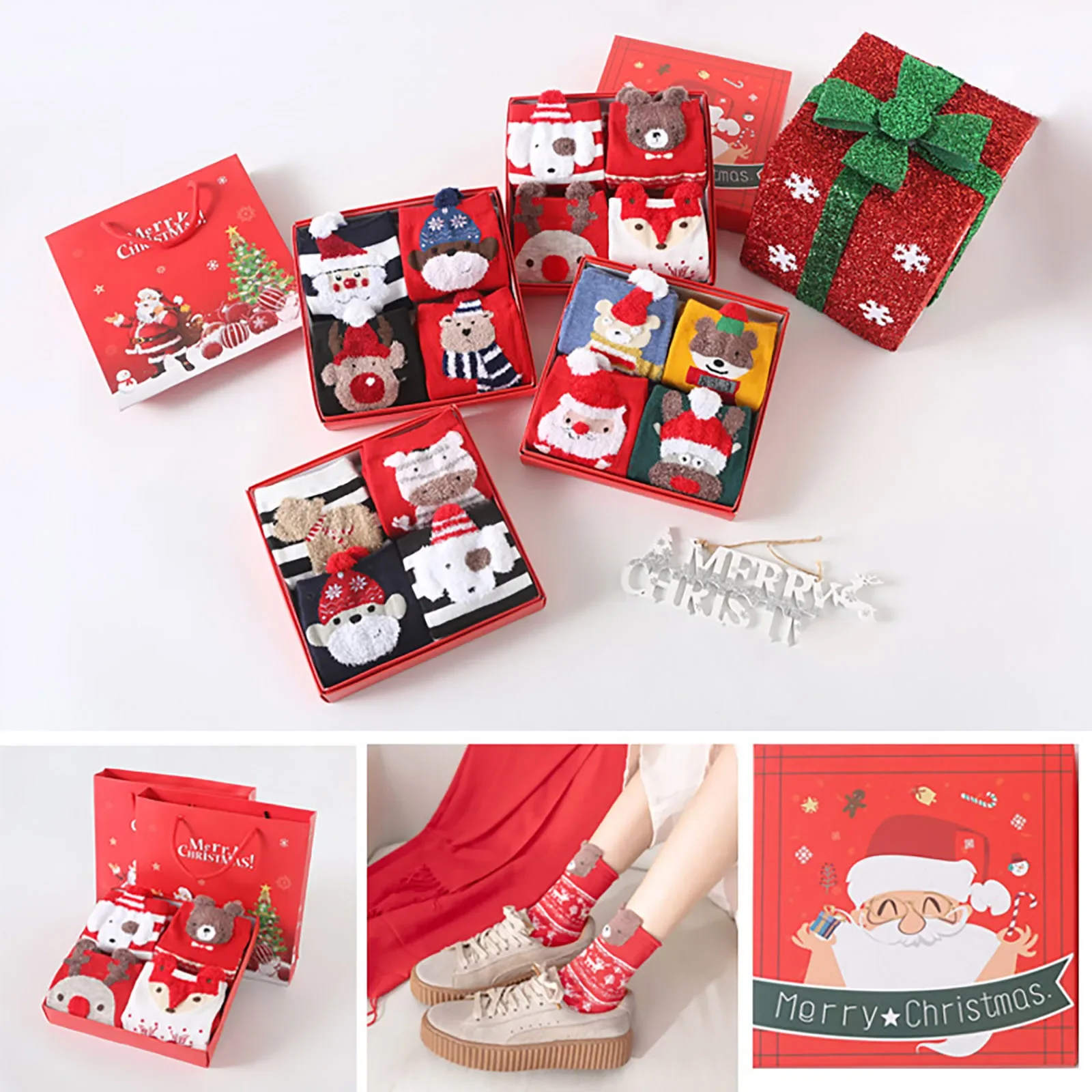 4pcs 2024 New Fashion Christmas Cartoon Cute Socks Gift Box Mid Tube Wnter Women'S Socks Opening Gift Good Luck Coming Warm Sock