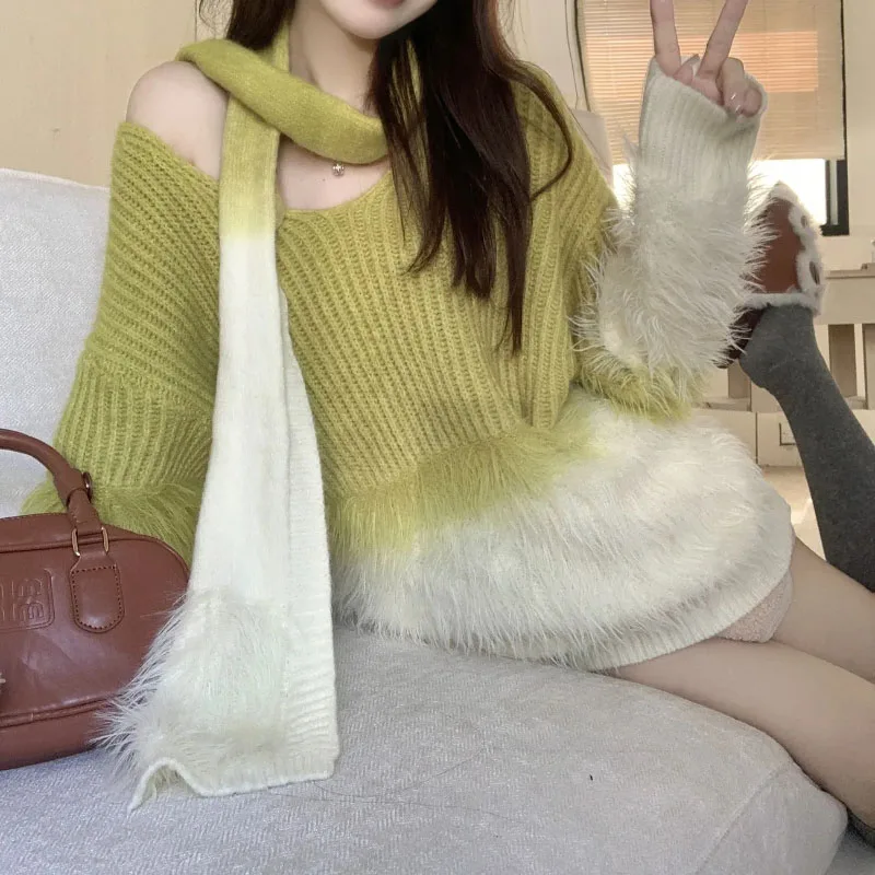 Gradientเซ็กซี่เสื้อกันหนาวผู้หญิงสวมใส่ด้านนอกฤดูใบไม้ร่วงฤดูหนาว 2025 ใหม่VคอMink Velvet Thickeหวานนุ่มWaxy Mao Maoเสื้อถักเสื้อ