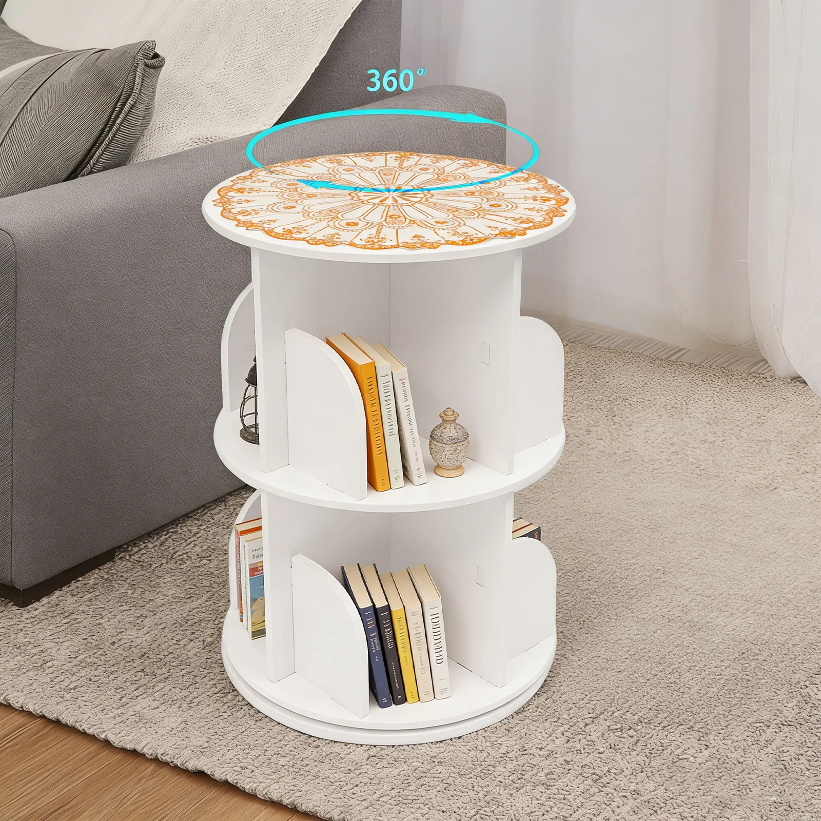 

Двухуровневая вращающаяся книжная полка, 360° ° ПВХ-стеллаж для книг с 8 отделениями, компактная полка для хранения для дома, офиса, гостиной