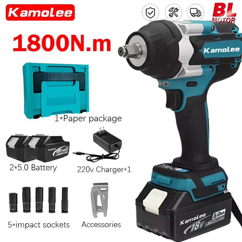 

Kamolee 1800 N.M Torque DTW700 Brushless Electric Impact Wrench 1/2 In Lithium-Ion Battery For Makita 18V Battery