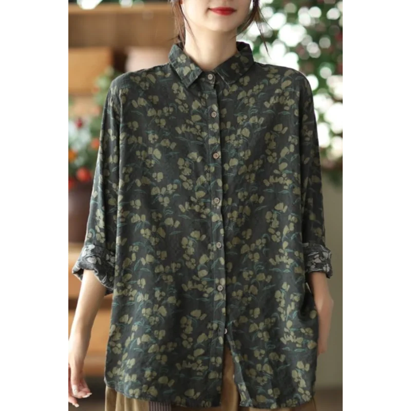 

Retro Printed Cotton and Linen Shirt Women's Casual 2025 New Autumn Splicing Button Fashion Long-sleeved Top