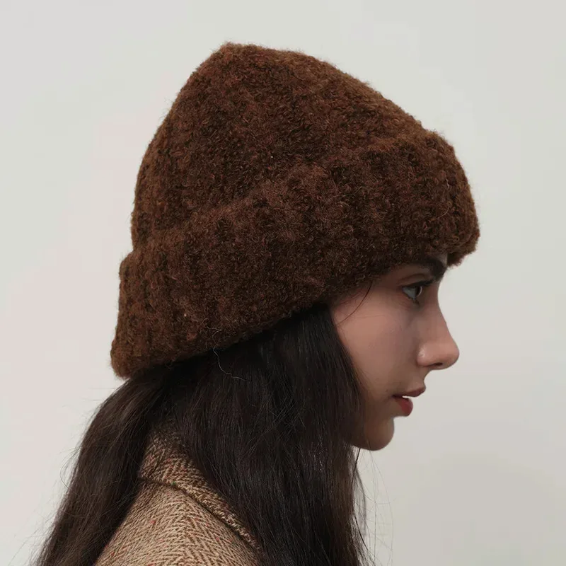 

women's antumn winter fashion hat solid color hats furry Vintage warm thickened block wool knitted nice hair bonnet