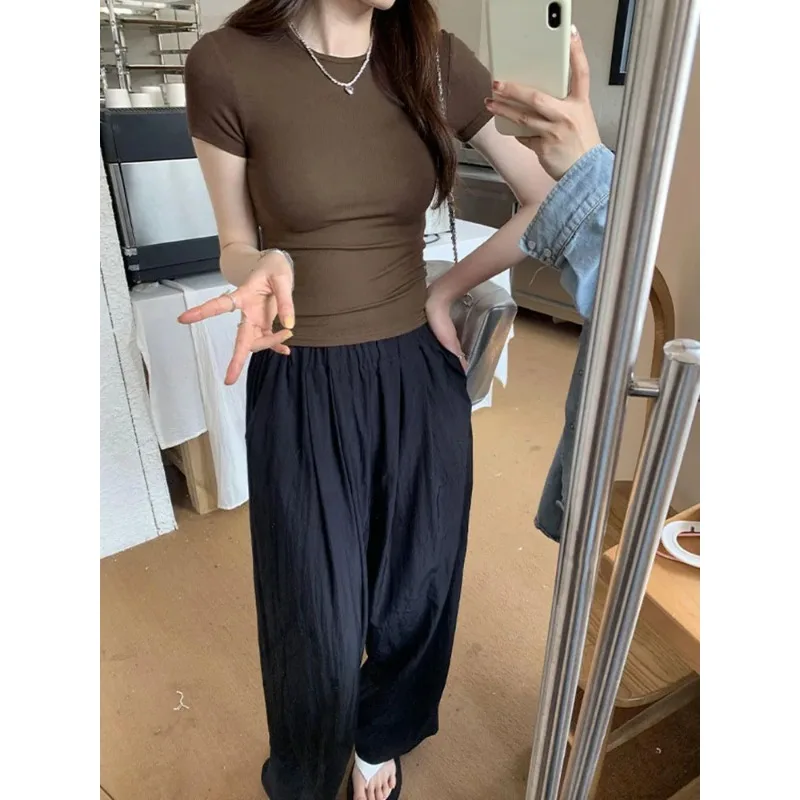 الأساسية الصلبة المحاصيل الأعلى قصيرة الأكمام Crewneck نحيل تي شيرت الصيف عارضة المحملة للنساء Y2k خمر الأعلى Harajuku الشارع الشهير