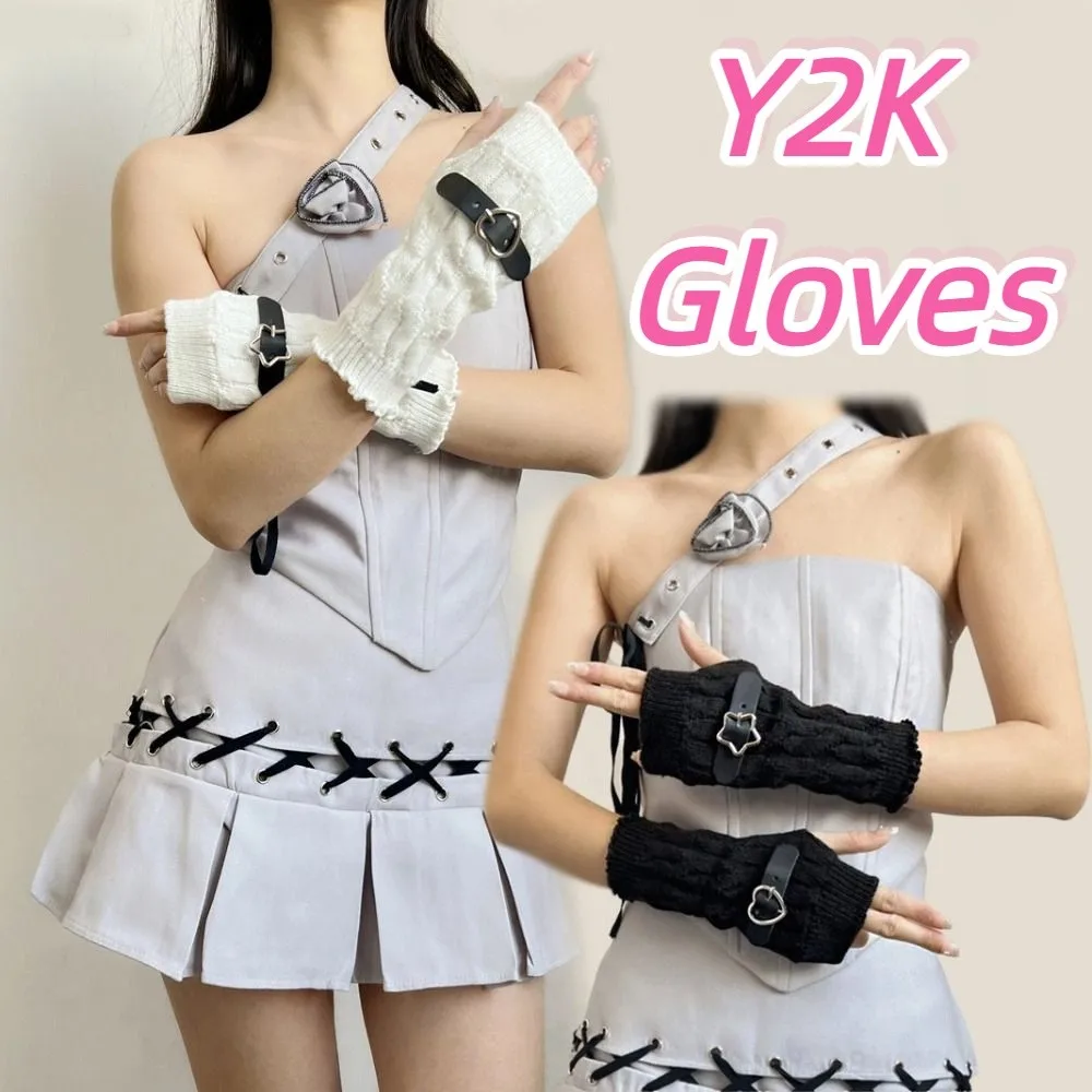 Streetwear Elastic Y2K Warm Sleeves Heart Chain Knitted Arm Warmers Sweet Star Fingerless Gloves Clothing Accessories