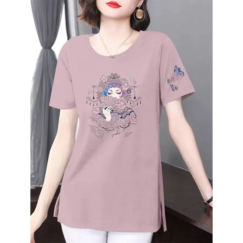 Women's Chinese Opera Facial Makeup Print T Shirt Butterfly Embroidery Casual Loose Side Split Short Sleeve Top