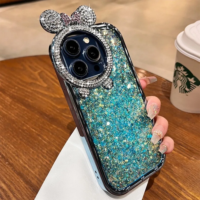 Custodia per orecchie con orso di diamanti per iPhone 15 Pro Max 14 Pro 12 13 Pro Max placcatura con paillettes colorate custodia morbida per ragazza di lusso in Silicone