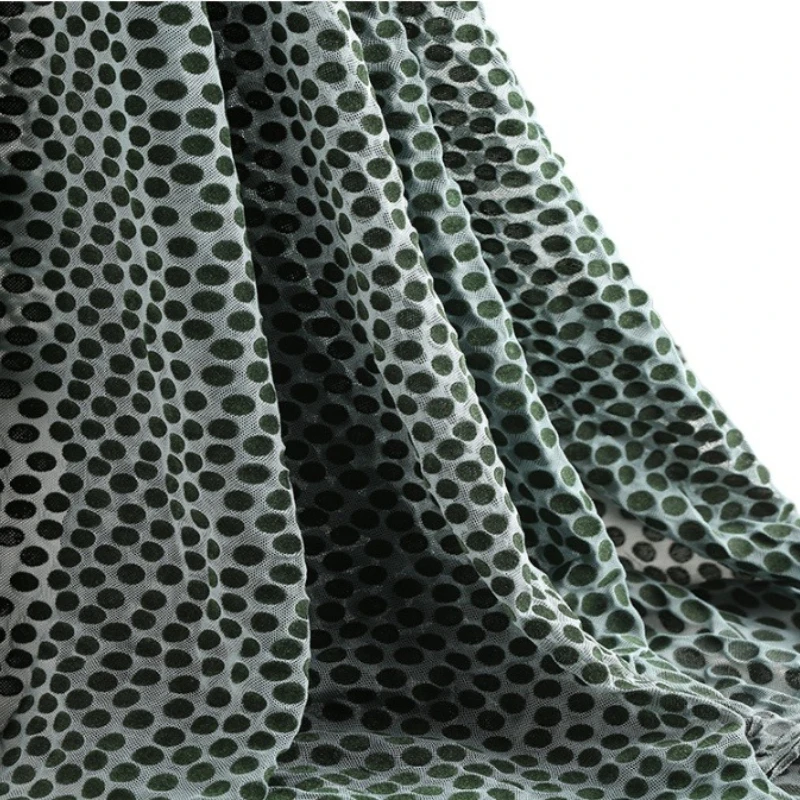 

1 ярд зеленой эластичной сетчатой ткани из спандекса с принтом в горошек и флокированием, ткань «Нигерия Джордж» для шитья одежды своими руками