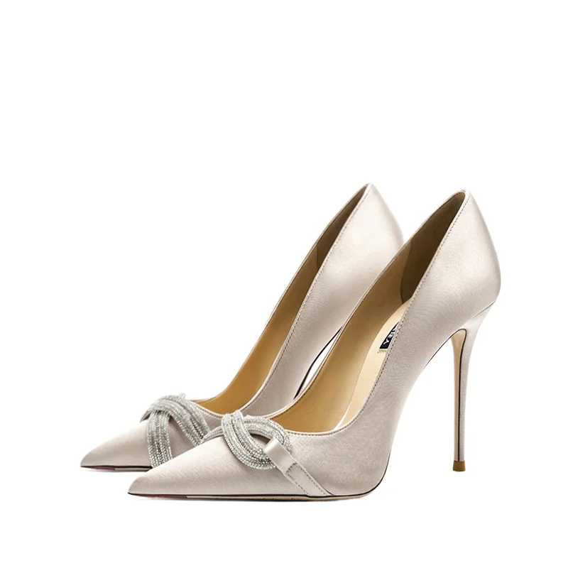 HLTINO 2026 New Women Siilk Satin Pumps with Chain Rhinestones Wedding Party Shoes Spring Autumn High Heels Shallow Stilettos