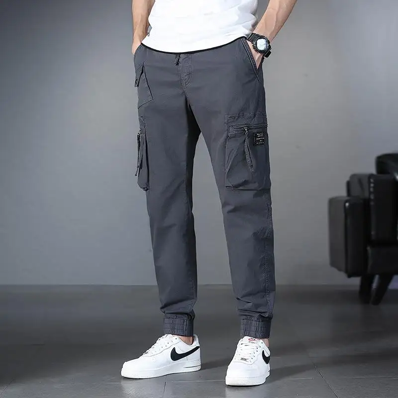 

Men's Multi-ket Dstring Work Pants Straight Leg Loose Fit Cotton Trousers with Waist Cord Neutral Khaki Workwear