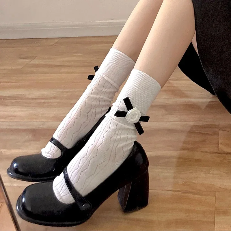 

Women's Sweet Camellia Lolita Flower Calf Socks Ballet Style JK Bowknot Summer Thin Mesh Cotton Breathable White Ankle Socks