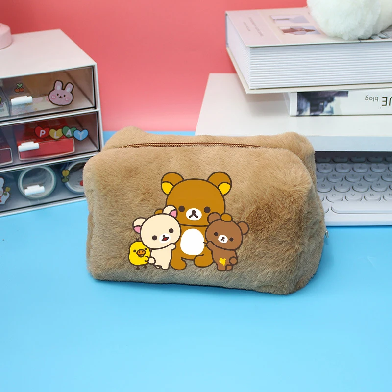 Rilakkumas Bear Damen-Kosmetiktasche, niedliche Cartoon-Make-up-Clutch-Taschen, tragbare Reise-Schönheits-Aufbewahrungstasche, Mädchen-Bleistifttaschen